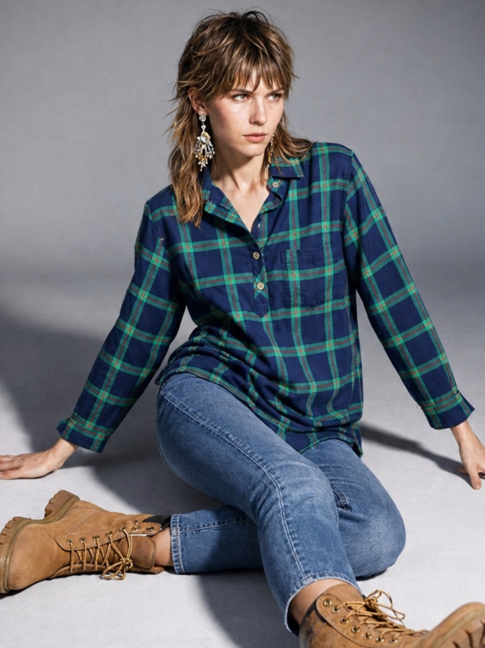 J.Crew Factory Flannel Popover Tunic Shirt Plaid Navy Green Blue XS